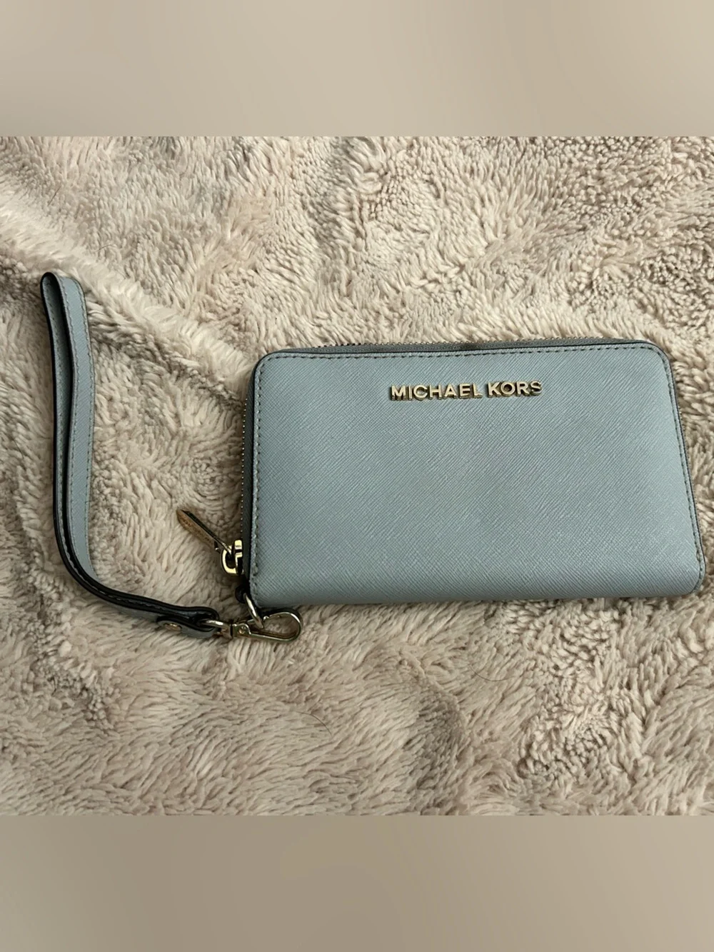 Michael Kors Pale Blue Saffiano Leather Wristlet with Gold Hardware